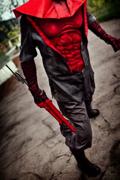 Prompt: red hood cosplay, creepy, disturbing, bloody, darkness, grainy