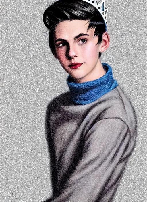 Image similar to portrait of teenage jughead jones wearing a light grey crown, crown, blue turtleneck, 1 9 5 0 s, closed eyes, photorealistic, black hair, glowing lighting, intricate, elegant, glowing lights, highly detailed, digital painting, artstation, concept art, smooth, sharp focus, illustration, art by wlop, mars ravelo and greg rutkowski