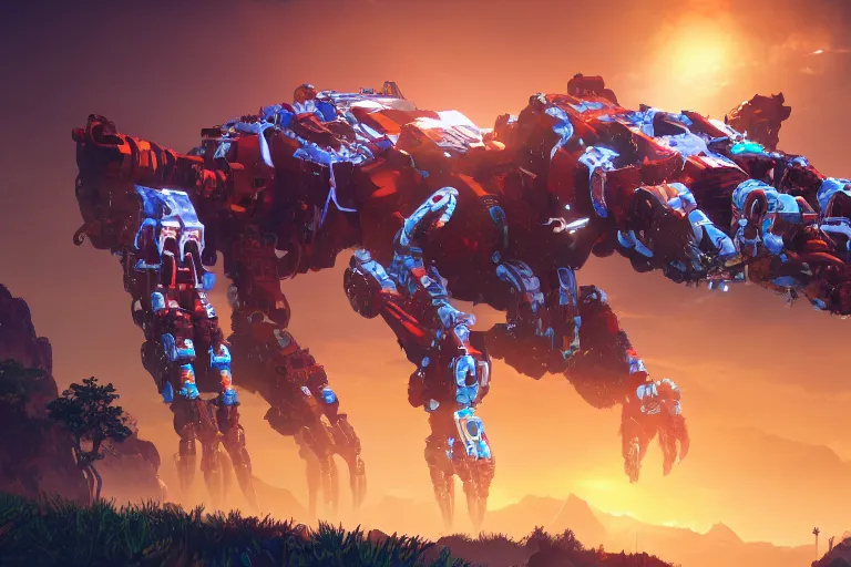 Image similar to scorcher machine mecha animal beast robot of horizon forbidden west horizon zero dawn bioluminiscence global illumination ray tracing hdr fanart arstation by sung choi and eric pfeiffer and gabriel garza and casper konefal