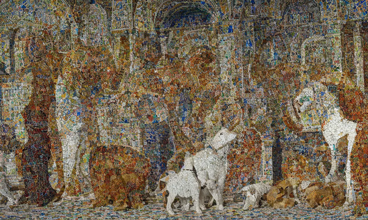 Prompt: Istanbul white dogs at the garden of the great palace of Constantinople's mosaics, digital art, 3d, perfect lighting, natural, colourful