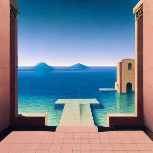 Prompt: David Ligare masterpiece, hyperrealistic surrealism, award winning masterpiece with incredible details, epic stunning, infinity pool, a surreal vaporwave liminal space, highly detailed, trending on ArtStation, broken giant marble head statue ruins, calming, meditative, pink arches, flowing silk sheets, geometric liminal space, palm trees, very vaporwave, very very surreal, sharp details, artgerm and greg rutkowski and alphonse mucha, daily deviation, IAMAG