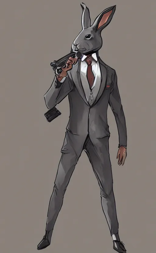 Image similar to rabbit as a hitman, suit and tie, with silenced gun, dynamic lighting, fantasy concept art, trending on art station, stunning visuals, creative, cinematic, ultra detailed, comic strip style