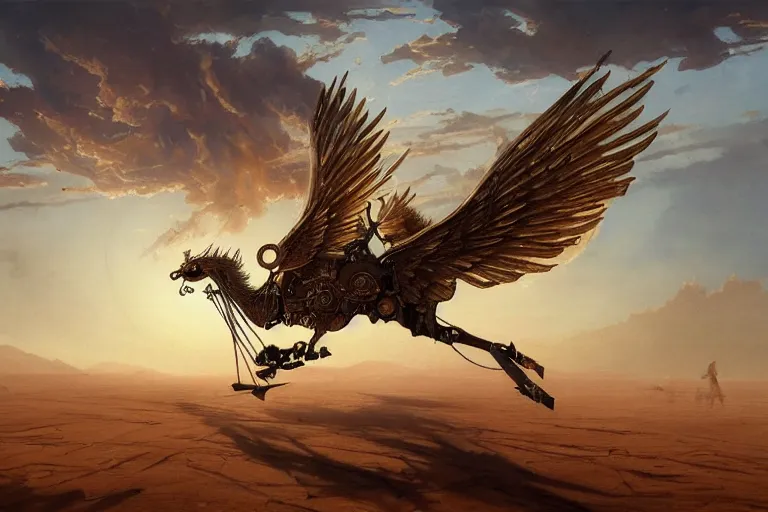 Image similar to a mechanical pegasus flapping its wings in desert sunset, beautiful steampunk painting, greg rutkowski, james gurney, thrending on artstation.
