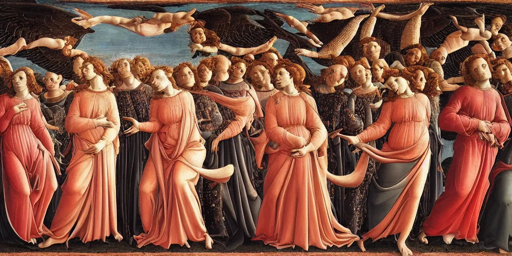 Image similar to Angels holding red spiral Spears descend from the heaven to cast judgment on the humans who try to run below their feet, oil painting by sandro botticelli, highly detailed, renaissance art, 8k