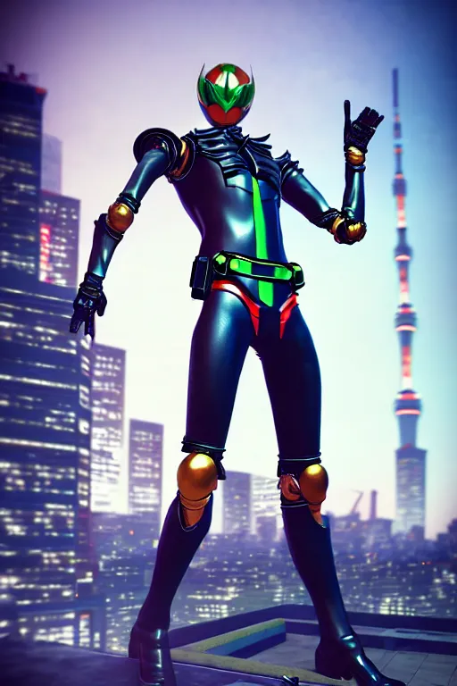 Image similar to kamen rider big technical belt hero action pose, full body portrait, human structure bee concept art, human anatomy, intricate detail, hyperrealistic art and illustration by irakli nadar and alexandre ferra, blurry and sharp focus, on future tokyo night rooftop, unreal 5 engine highlly render, global illumination