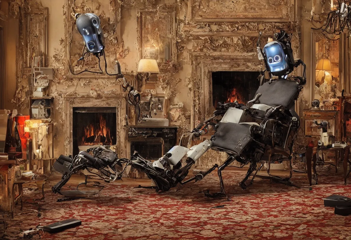 Prompt: Extreme close up photograph of a robot reclining on a tattered recliner in front of a single beautiful fireplace in a Victorian home, by Simon Stalenhag and Gregory Crewdson