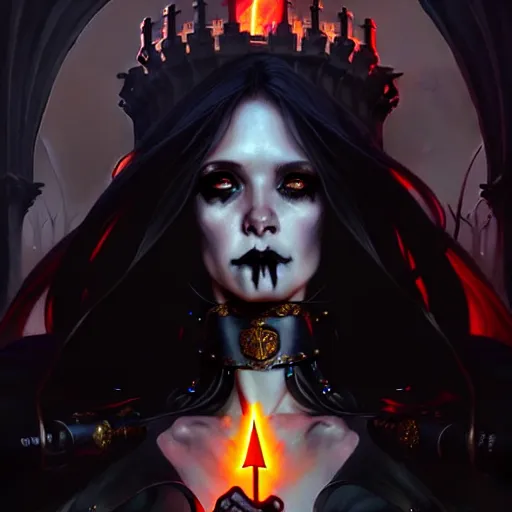 Image similar to A epic fantasy portrait of a cute goth woman, castle setting, horror movie lightning, intricate, elegant, highly detailed, digital painting, artstation, concept art, matte, sharp focus, illustration, art by Artgerm and Greg Rutkowski and Alphonse Mucha