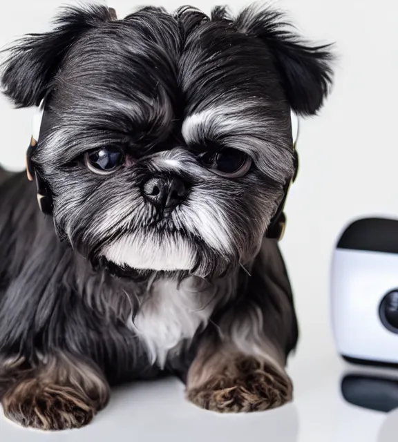 Prompt: a 4 k photorealistic photo of a black shih - tzu puppy wearing a vr headset on her head