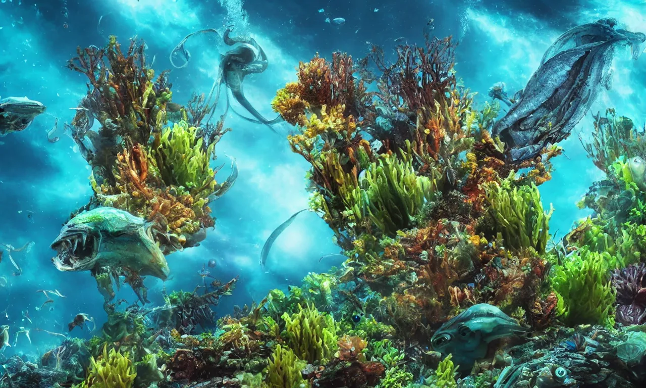 Image similar to Alien fish swimming at the bottom of an ocean on an alien world, plant life around, azure water, cinematic perspective, underwater,