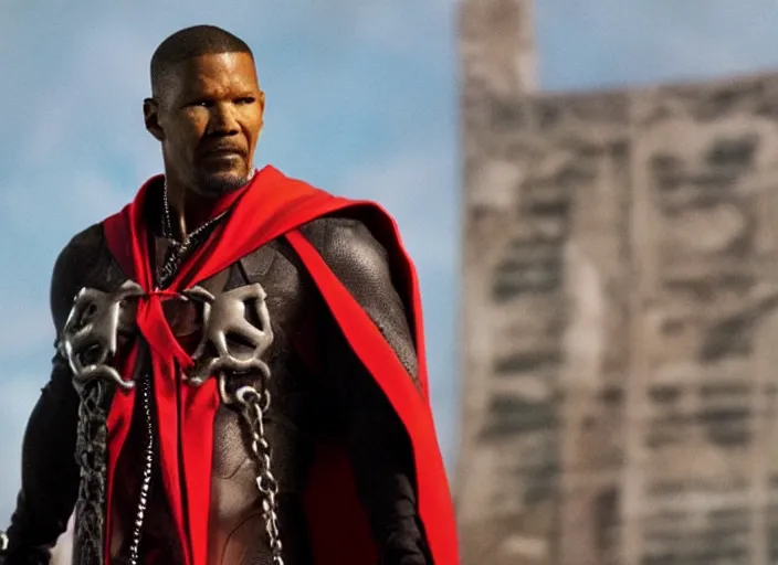 Image similar to film still of jamie foxx as spawn in the new spawn movie, giant chains, large cape, 8 k