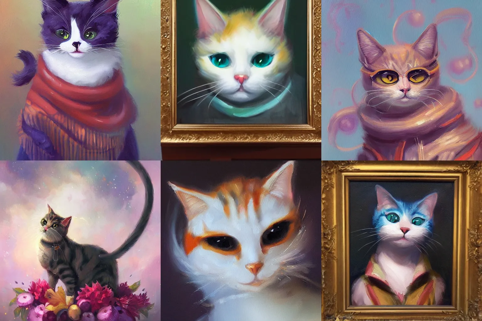 Prompt: An oil painting of a whimsical cat by Ross Tran