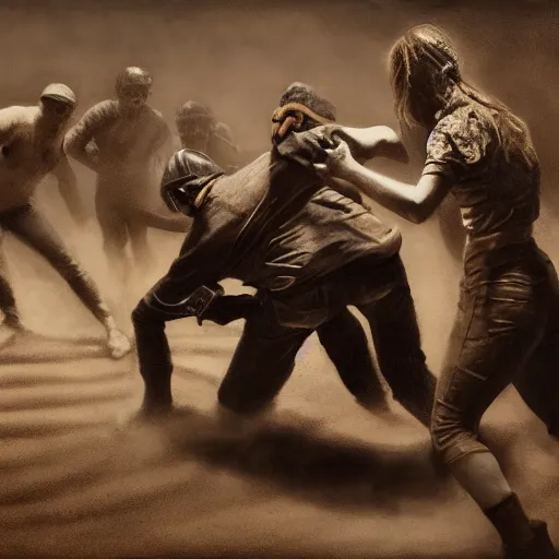 Image similar to portrait of women and men fighting in the dust, hard lighting, rule of thirds, spotlight, full body scene, by dirk dzimirsky, by arthur curry, by dylan eakin, hyperrealistic charcoal