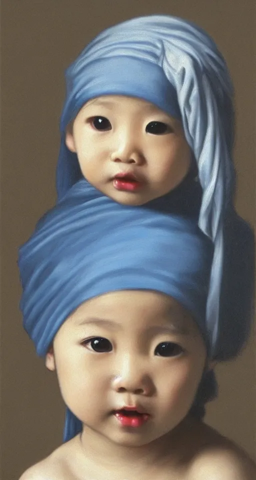 Image similar to A portrait of a lovely Asian baby girl imitating Girl with a Pearl Earring, realistic detailed oil painting, dark background, 4k,