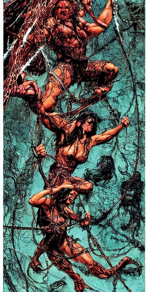 Image similar to “ conan the barbarian leaping to attack a giant black spider, red eyes ” “ a beautiful woman is tied up in spider webs ” val semeiks, barry windsor smith, john buscema, ernie chan, earl norem.