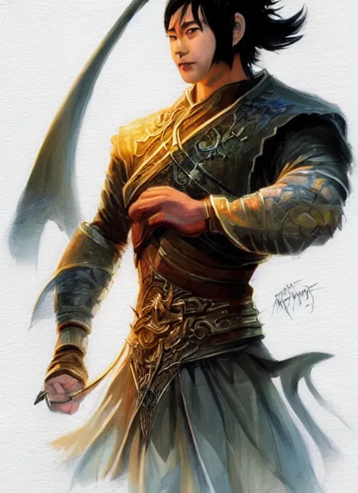 Prompt: asian with medium black hair man looks belly point of view, dndbeyond, bright, colourful, realistic, dnd character portrait, full body, pathfinder, pinterest, art by ralph horsley, dnd, rpg, lotr game design fanart by concept art, behance hd, artstation, deviantart, hdr render in unreal engine 5