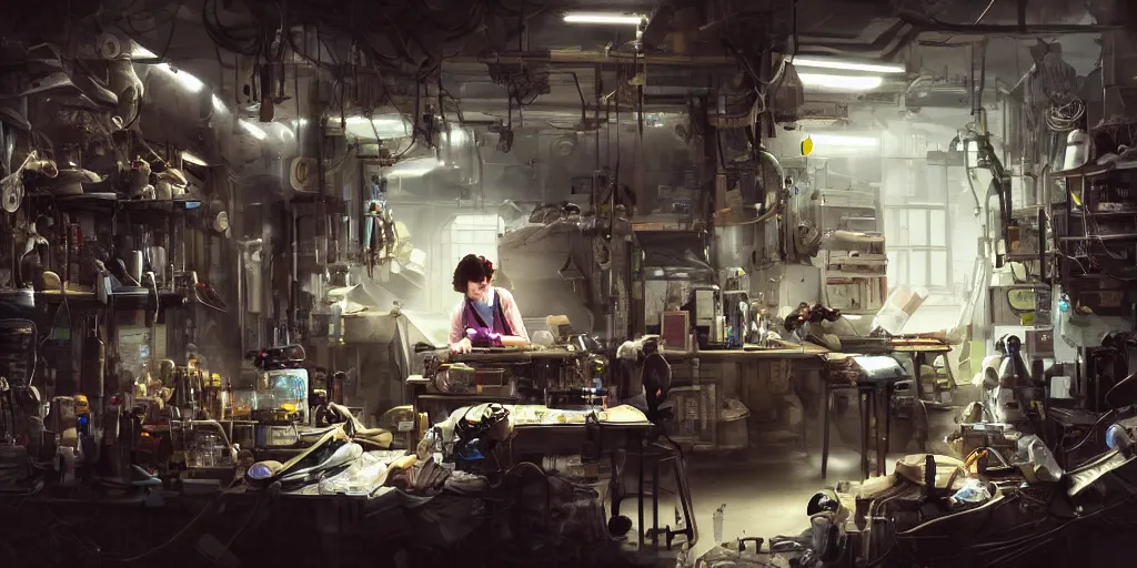 Image similar to an environmental concept art of a female scientist building an android in a cluttered workshop, highly detailed, cinematic, dramatic lighting, close shot, rule of thirds by francis tneh