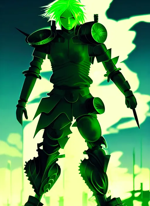 Image similar to a striking cinematic full body manga portrait of a male warrior with long blonde hair and blue eyes wearing evil green spiked cyberpunk armour and standing in the desolate burning ruins of a futuristic city by hirohiko araki and beeple, fine details, digital art, character concept art, volumetric lighting, cinematic light, photorealistic