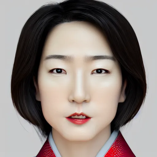 Image similar to Japanese female Justin Trudeau wearing kimono, realistic, photo studio, HDR, 8k, trending on artstation