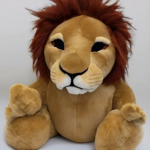 Prompt: a lion plush. beautifully made, detailed, cute, soft. high quality, studio lighting, product image