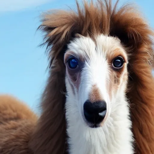 Prompt: photo of a hybrid between a borzoi and an alpaca