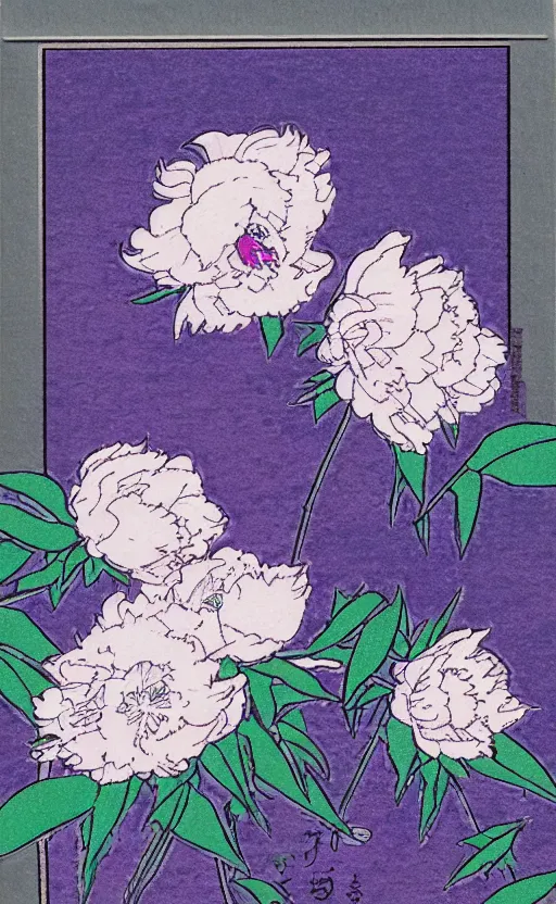Prompt: by akio watanabe, manga art, peony outside window, lavender blue color, trading card front