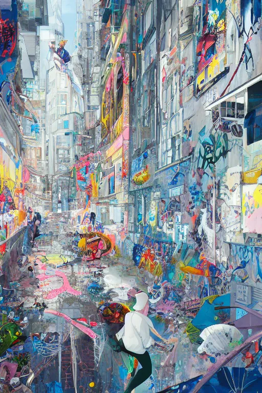 Prompt: people in a busy city people looking at a white building covered with graffiti paint dripping down to the floor, james jean, painterly, yoshitaka amano, hiroshi yoshida, moebius, loish, painterly, and artgerm, illustration