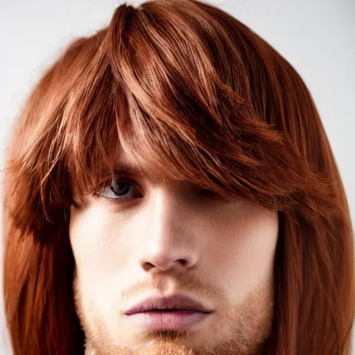 Image similar to a beautiful picture of a jong red blond european man wiht a sharp face and brown eyes, long hair, pointy nose, straight hair