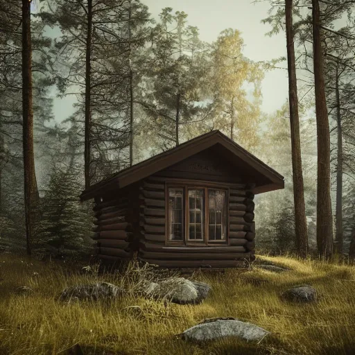 Image similar to a cabin in the woods, octane render