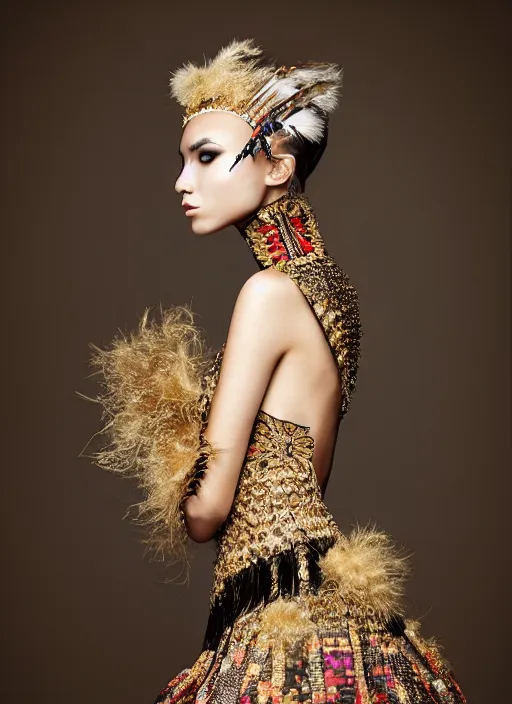 Image similar to glorious and luxurious haute couture dress on indigenous model woman with smooth skin, portrait, voluminous, masterpiece, intricate