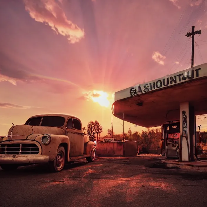 Image similar to a sunset light landscape with historical route 6 6, lots of sparkling details and sun ray ’ s, blinding backlight, smoke, volumetric lighting, colorful, octane, 3 5 mm, abandoned gas station, old rusty pickup - truck, beautiful epic colored reflections, very colorful heavenly, softlight