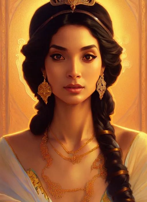 Image similar to portrait of princess jasmine, intricate, elegant, highly detailed, my rendition, digital painting, artstation, concept art, smooth, sharp focus, illustration, art by artgerm and greg rutkowski and alphonse mucha and uang guangjian and gil elvgren and sachin teng, symmetry!!