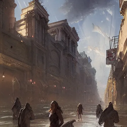 Prompt: walking along the street in ancient atlantis, by greg rutkowski