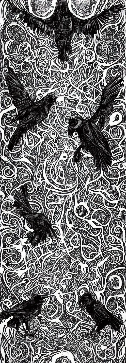 Prompt: psychedelic, monochrome artwork!!, of a raven and raven combined, in front of an owl that is a window into the ocean, by didier comes, graphic novel art,