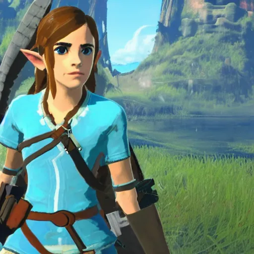 Prompt: Emma Watson screenshot from breath of the wild - n 9