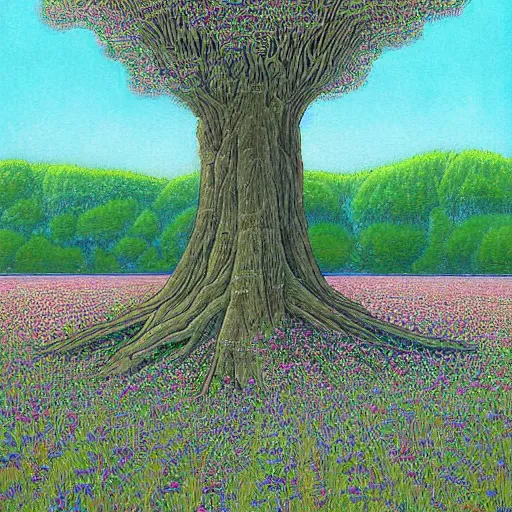 Prompt: a beautiful painting of a gigantic mystic tree in a field of flowers by moebius