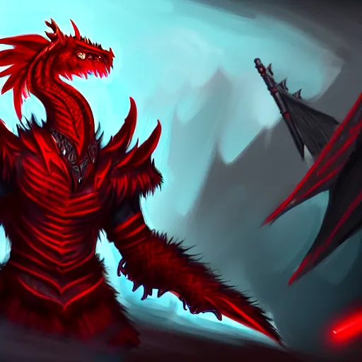 Image similar to a dragonborn with red scales, large red wings on his back, and a red tail with futuristic clothes, trending on art station