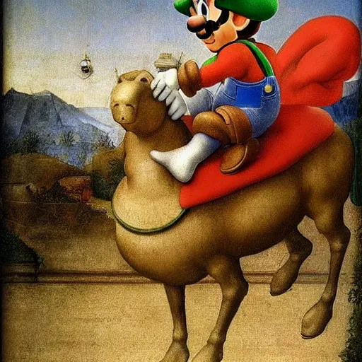 Image similar to luigi from super mario riding an osterich in a church, painting by leonardo da vinci, hyperrealistic