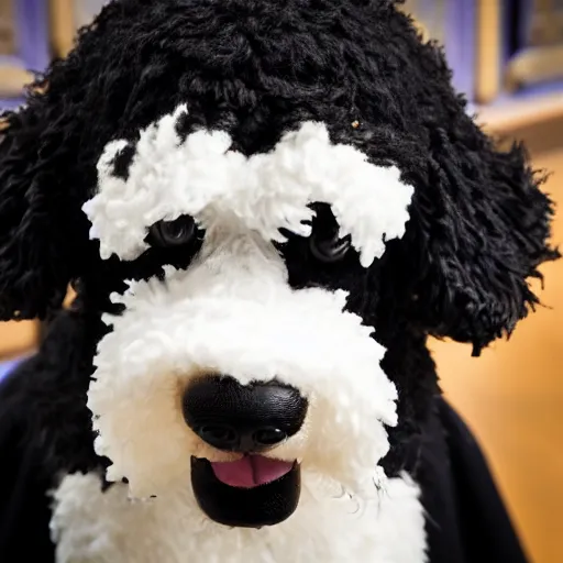 Image similar to a closeup photorealistic photograph of a cute smiling knitted bernedoodle judge dog dressed in a black gown, presiding over the courthouse. indoor image, professional capture, well lit shot. this 4 k hd image is trending on artstation, featured on behance, well - rendered, extra crisp, features intricate detail, epic composition and the style of unreal engine.