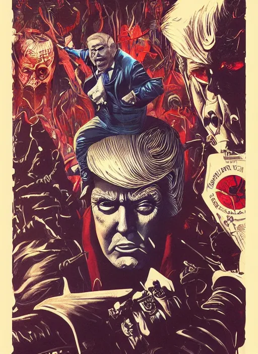 Image similar to donald trump as the villain, slasher film, grotesque, horror, high details, intricate details, by vincent di fate, artgerm julie bell beeple, 70s, inking, vintage 70s print, screen print