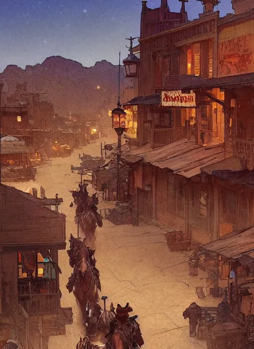 Image similar to beautiful commission of a desert western town. Atmospheric. Renowned scene illustration by greg rutkowski, thomas kindkade, alphonse mucha, loish, norman rockwell. detailed, inked, western comic book art