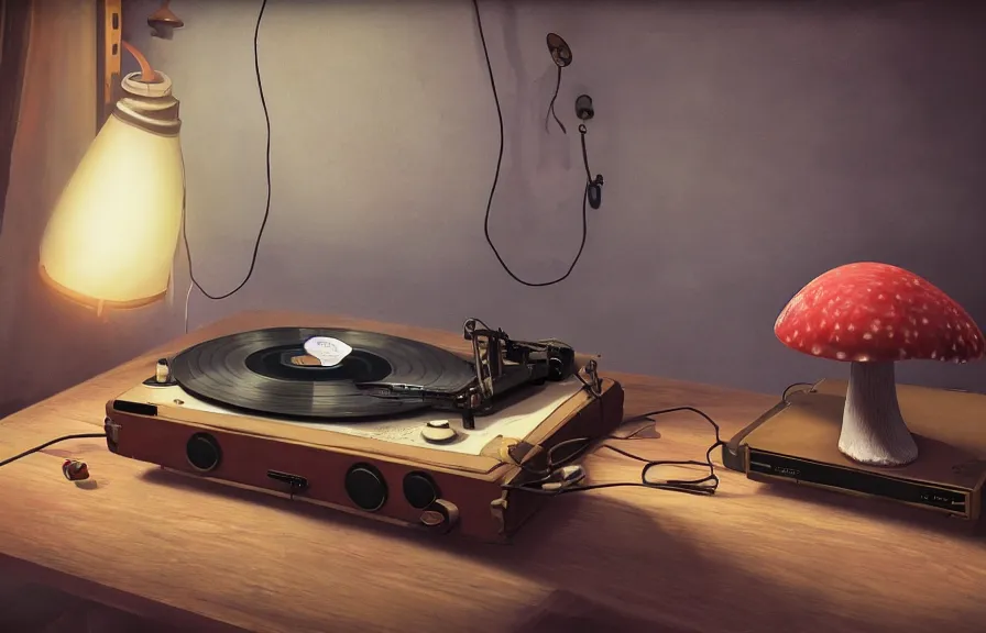 Image similar to A realistic painting of a vintage record player and speakers, with giant psychedelic mushrooms growing out of it, in a post apocalyptic setting, ghibli, unreal 5, DAZ, hyperrealistic, octane render, RPG portrait, dynamic lighting