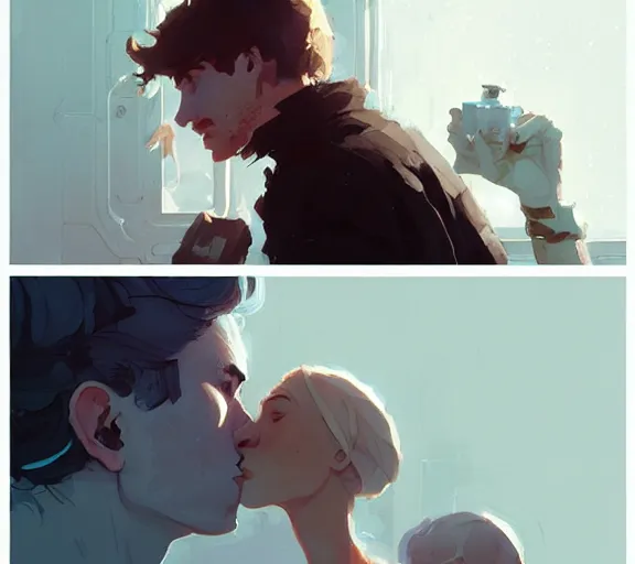 Image similar to portrait will kissing elisabeth by atey ghailan, by greg rutkowski, by greg tocchini, by james gilleard, by joe fenton, by kaethe butcher, by ashley wood, dynamic lighting, gradient light blue, brown, blonde cream and white color scheme, grunge aesthetic