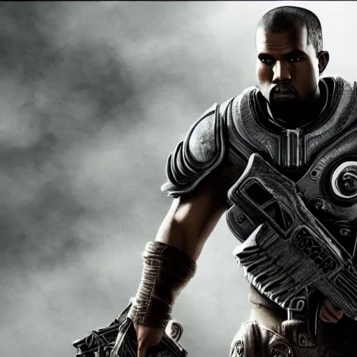 Image similar to kanye west as an centaur!!!! in gears of war, splash art, movie still, detailed face, photorealistic facial features, cinematic lighting, dramatic, octane render, long lens, shallow depth of field, bokeh, anamorphic lens flare, 8 k, hyper detailed, 3 5 mm film grain