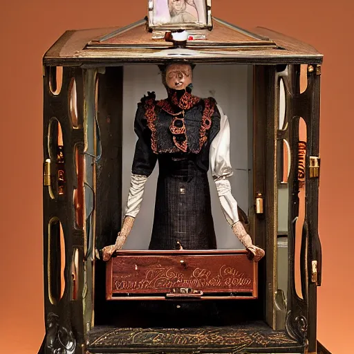 Prompt: full - color photo of a victorian female automaton which is a schoolteacher that writes poems on a chalkboard. it has a beautiful woman's face, and it is made of copper and porcelain and fabric, with complex intricate wind - up clockwork mechanisms. it is on display in a history - museum with studio - lighting, and is coin - operated.