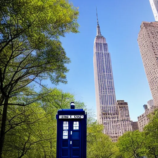 Prompt: a tardis as big as the empire state building towering over central park