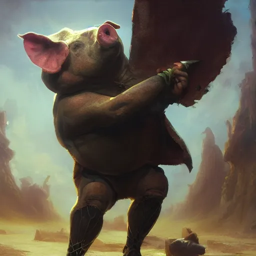 Image similar to oil painting of a Anthropomorphized pig casting an epic spell, sharp focus, heroic pose, fantasy style, octane render, volumetric lighting, 8k high definition, by greg rutkowski, highly detailed, trending on art Station, magic the gathering artwork, centered