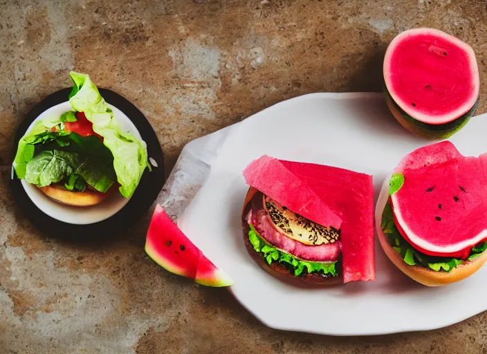 Image similar to dslr food photograph of burger with watermelon on it, 8 5 mm f 1. 8