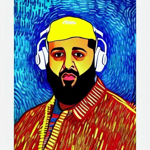 Image similar to ultra realistic portrait of dj khaled in a studio, ultra detailed, under blue, red and yellow cinematic lighting, by van gogh, cartoon, monument valley, escher