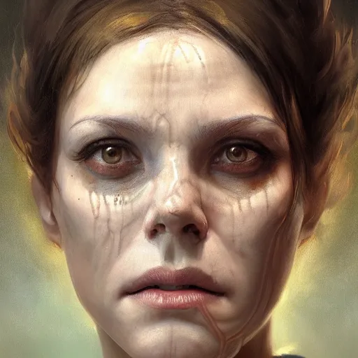 Prompt: a portrait of an female with a cracked skull face, short bang hair, digital painting, artstation, concept art, donato giancola, Joseph Christian Leyendecker, WLOP, Boris Vallejo, Breathtaking, 8k resolution, extremely detailed, beautiful, establishing shot, artistic, hyperrealistic, octane render, cinematic lighting, dramatic lighting, masterpiece, light brazen, extremely detailed and beautiful face, centered, smooth, sharp focus