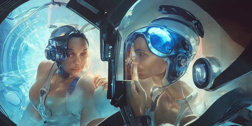 Image similar to Zoe Kravitz with short hair as a retrofuturistic astronaut, helmet with led lights, underwater in the ocean at night, clear water, volumetric lighting, glowing lights, 4k, octane, digital painting, artstation, concept art, cinematic film, sharp focus, illustration, art by artgerm and greg rutkowski and alphonse mucha , wide angle view,